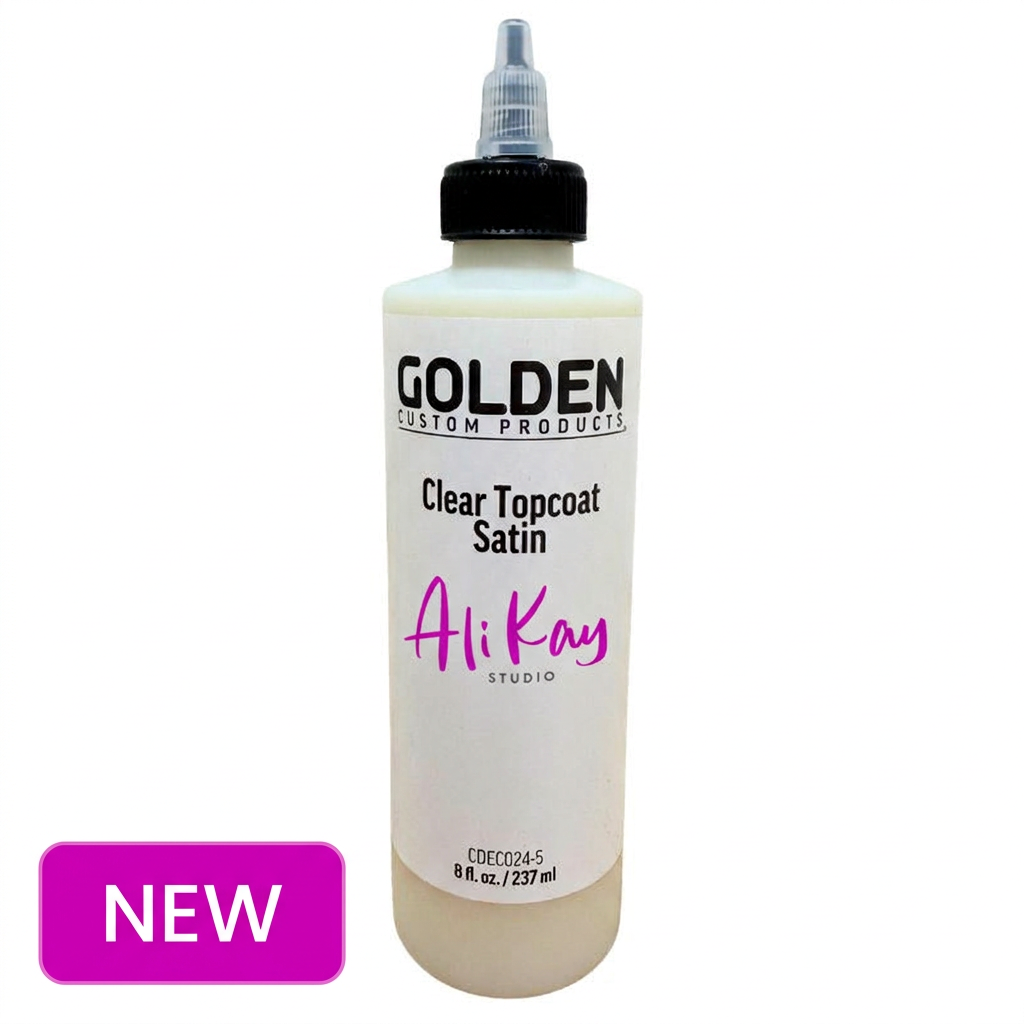 Golden Clear Topcoat Satin with a magenta NEW badge at the bottom left